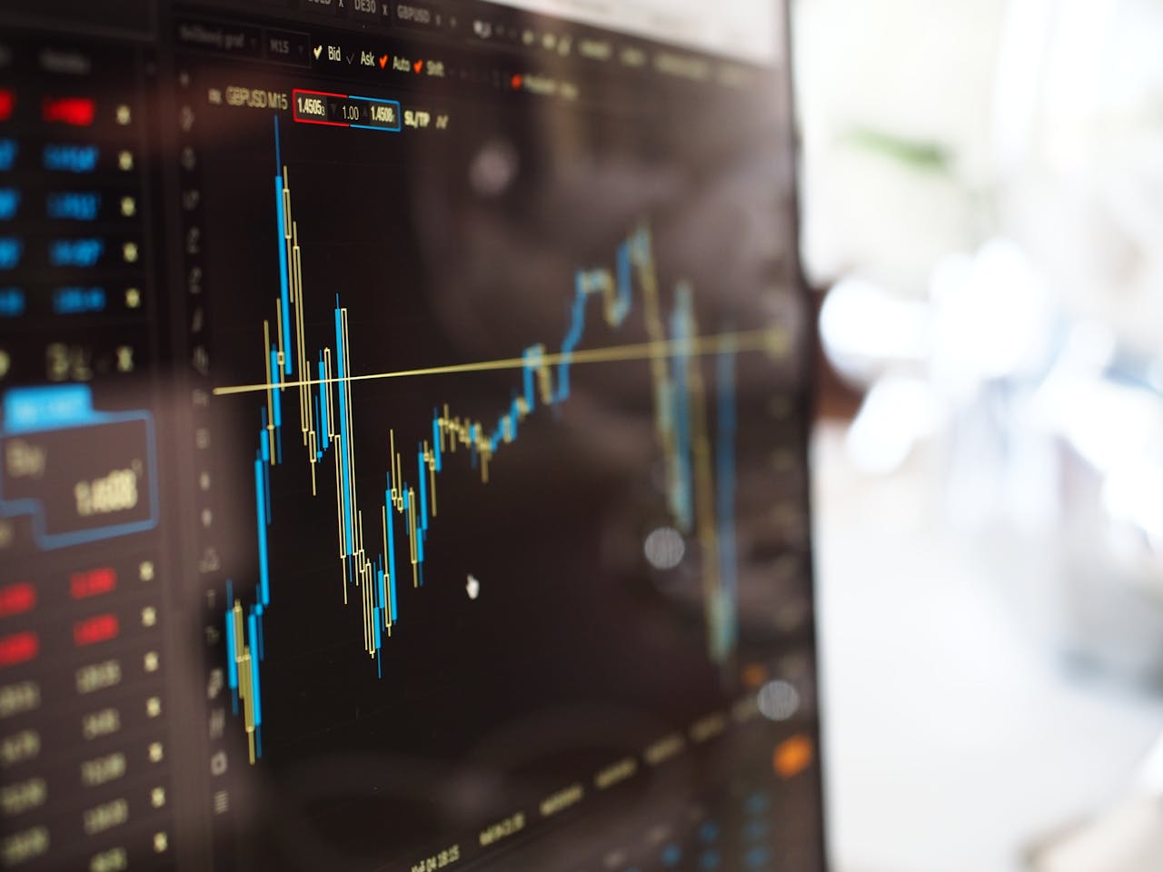 ours-journey Detailed view of financial trading graphs on a monitor, illustrating stock market trends.